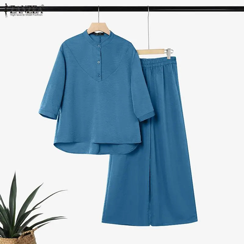 ZANZEASummer  Elegant Stand Neck 3/4 Sleeve Blouse Trousers Suit Women Outfits Casual Solid OL Work Tracksuit 2 Pieces Pant Sets