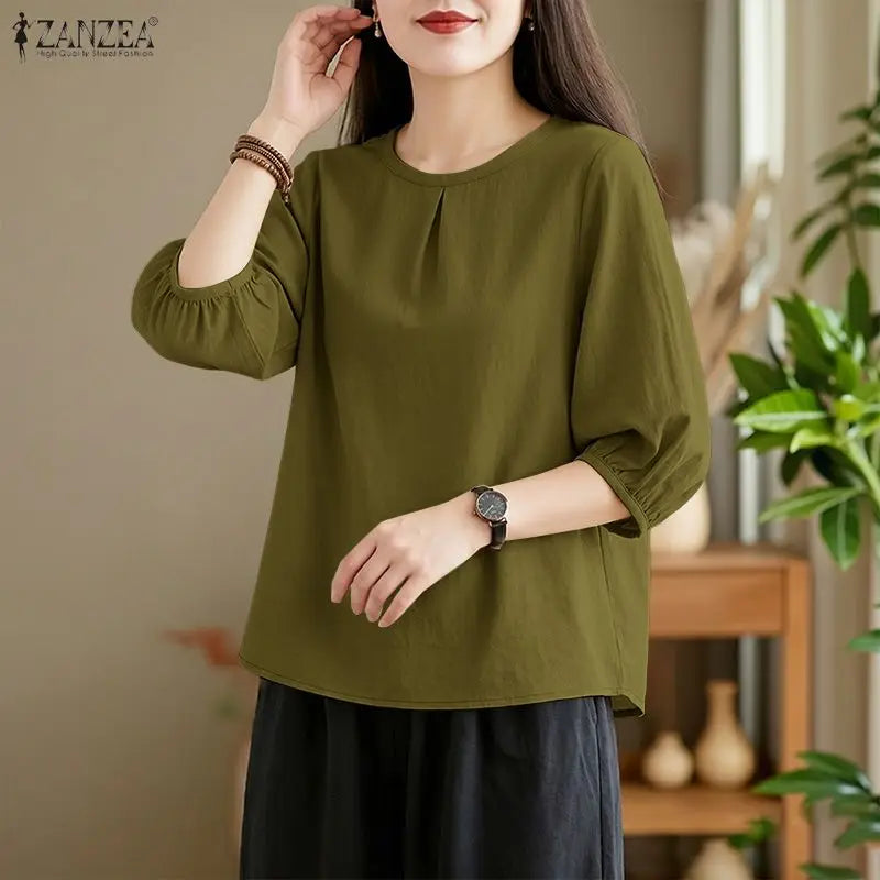 ZANZEA Summer 2026 Pleats Detailing Blouses Women O-Neck 3/4 Puff Sleeve Solid Color Tops Daily Casual Plain Blusas de Mujer