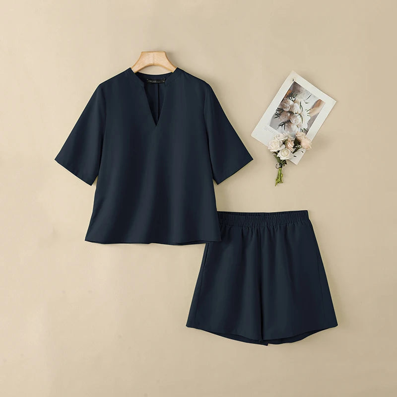 ZANZEA Fashion Women 2 Pieces Sets 2PCS V Neck Short Sleeve Blouse Short Sets Casual Solid Color OL Work Outfit Summer Tracksuit
