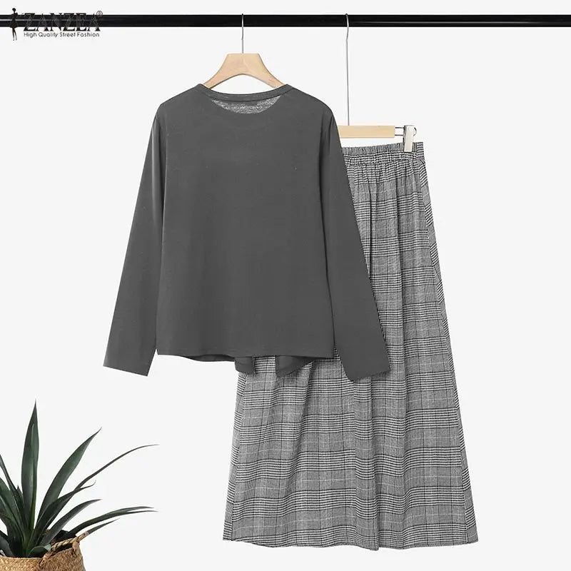 ZANZEA Women Plaid Patchwok Outfits Muslim 2 Pieces Sets Casual O Neck Long Sleeve Blouse A Line Maxi Skirt Suit Matching Sets