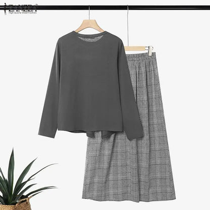 ZANZEA Women Plaid Patchwok Outfits Muslim 2 Pieces Sets Casual O Neck Long Sleeve Blouse A Line Maxi Skirt Suit Matching Sets