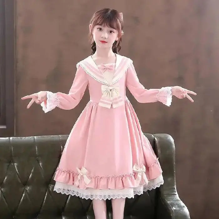 Girls' 2025 Spring/Autumn New Lolita Style Chic Bow Accented Long Sleeve Princess Dress for 4-12Y
