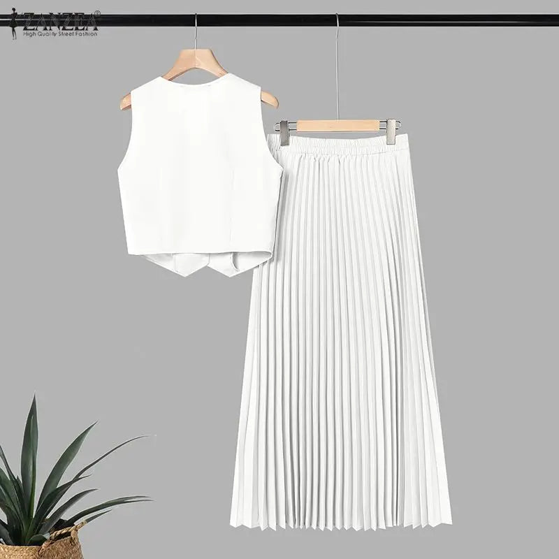 ZANZEA 2PCS Office Outfits Summer Elegant Sleeveless V Neck Short Sleeve Cropped Shirt Pleated Dress Sets Women 2 Pieces Sets