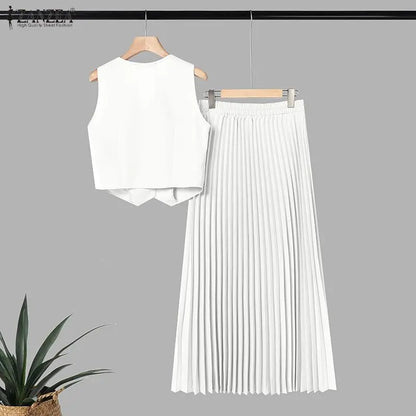 ZANZEA 2PCS Office Outfits Summer Elegant Sleeveless V Neck Short Sleeve Cropped Shirt Pleated Dress Sets Women 2 Pieces Sets