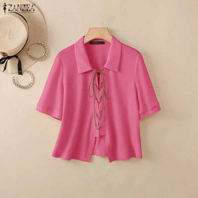 ZANZEA Women's Korean Elegant Waffle Shirt Turn-Down Collar Lace-Up Front Short Sleeve Tops Summer Casual Loose Chemises Femme