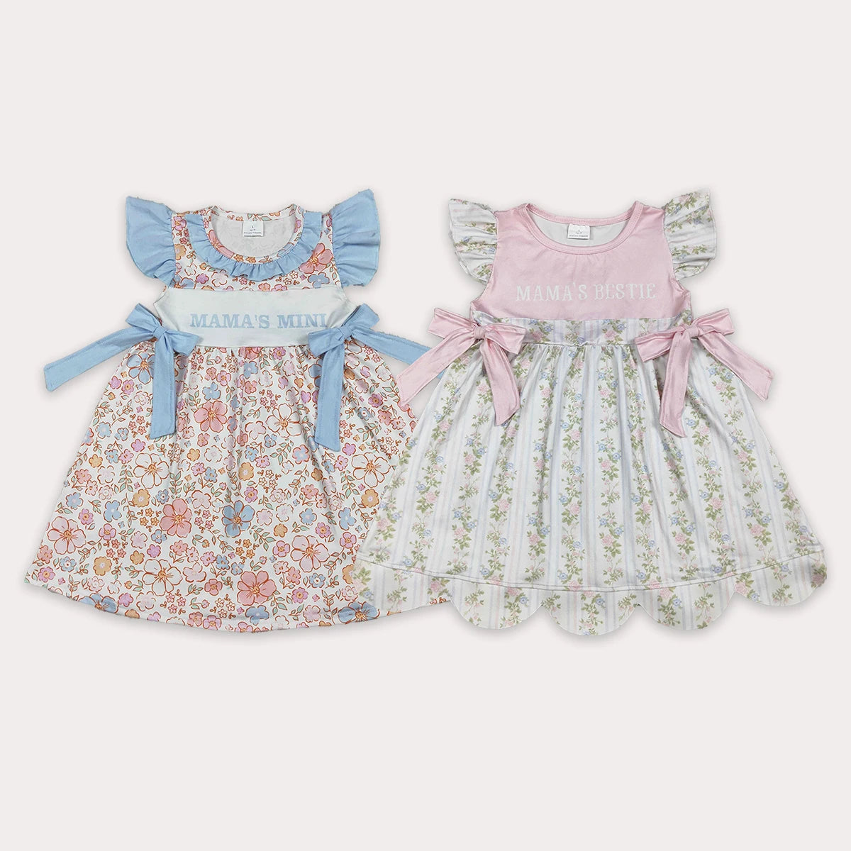 Toddler Baby Girls Mama's Bestie Flowers Stripe Scallop Knee Length Dresses Kids Summer Dress Infant Children Clothing Wholesale