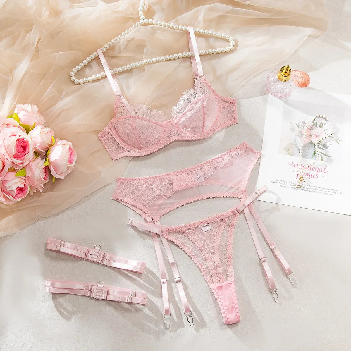 Fancy Lingeries Sexy Hot Elegant Bra 3PC Set with Leg Circles Sissy Solid Color Intimate Eyelash Lace Patchwork Costume