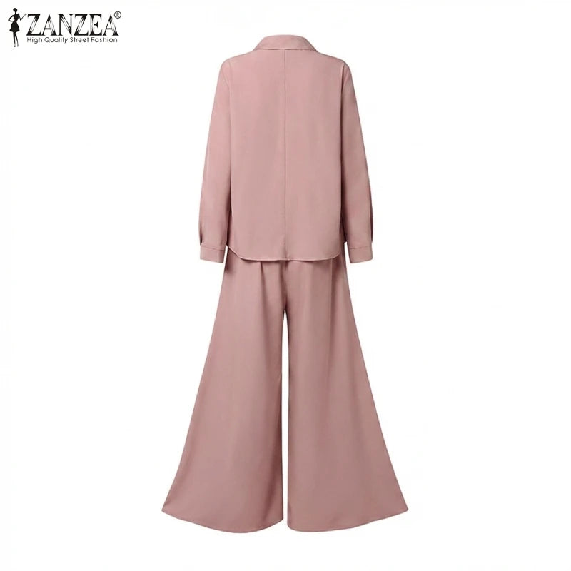 ZANZEA Plus Size Women's Minimalist Pant Suits Wide Leg Flared Pant & Long Sleeve Blouse 2pcs Sets Casual Loose Sets Outfits 5XL