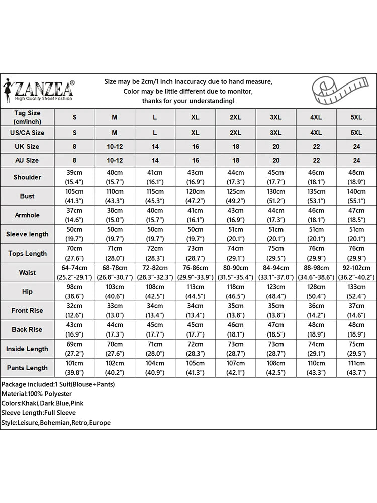 2025 ZANZEA Fashion Casual Long Sleeve Blouse Pant Sets Autumn 2pcs Outfits Women Loose Matching Sets Solid OL Work Tracksuits
