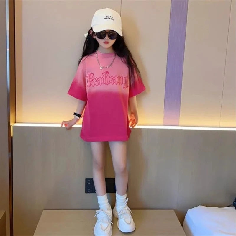 Girls Ice Silk Cooling T-Shirt 2026 Summer Kids Short Sleeve Top Crew Neck Gradient Casual Trendy Tee for Children