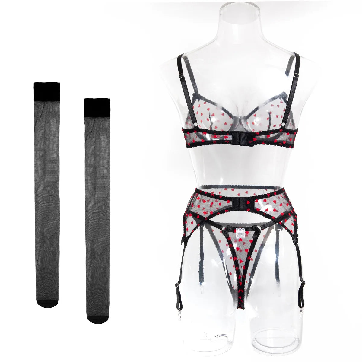 4Pcs Women Red Heart Sheer Mesh Lingerie Set Underwire Bra Garter Thong Stockings Bow Trim Sexy See Through Intimate Underwear