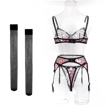 4Pcs Women Red Heart Sheer Mesh Lingerie Set Underwire Bra Garter Thong Stockings Bow Trim Sexy See Through Intimate Underwear