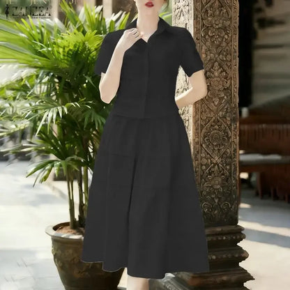 ZANZEA Elegant Short Sleeve Hollow Out Shirt Dress Sets Women 2 Piece Sets Summer Outfits 2026 Stylish Solid OL Work Skirt Suit