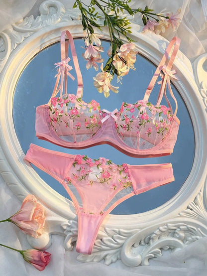Sweety Women Floral Embroidery Bra And Briefs Set Hollow Sleepwear Underwear Ultrathin Lace Transparent Babydoll Cute No-pad Bow