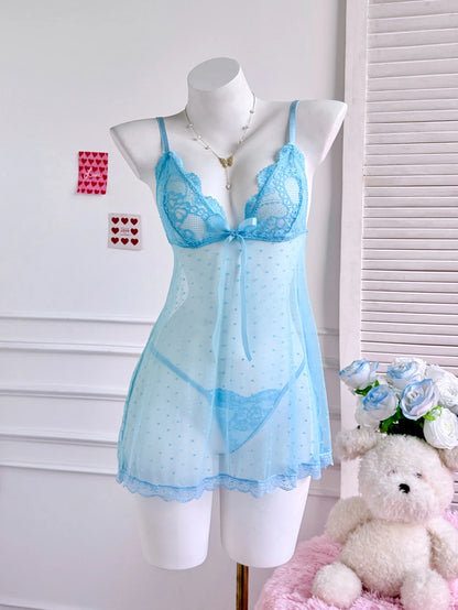 Women Sheer Chemise Lace Babydoll Transparent Design Strap Nightgown Erotic Lingerie Set With Thong See Through Sleepwear