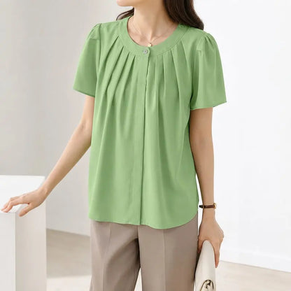 ZANZEA Women Summer Blouse Fashion Short Sleeve Tunic Tops Pleated Casual Office O-Neck Tee Streetwear Blusas Oversize Tunic