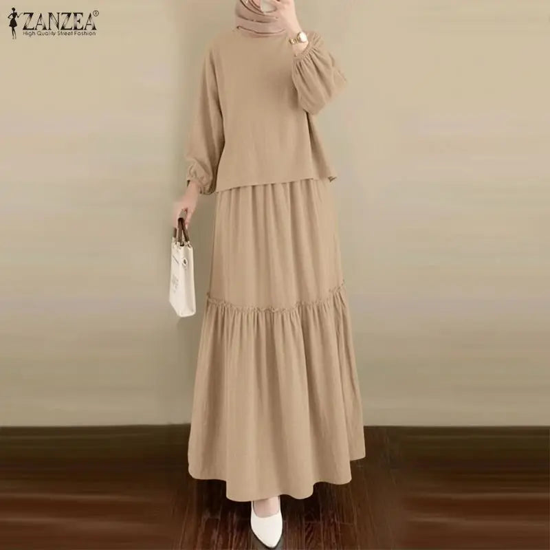 2026 ZANZEA Fashion Women Long Sleeve Tops Dress Suit Muslim 2 Piece Sets Solid Outfits Dubai Hijab Tracksuit A Line Skirt Sets