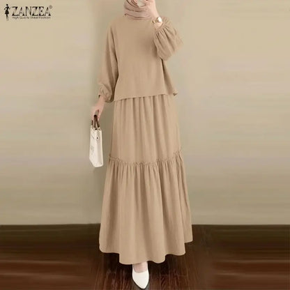 2026 ZANZEA Fashion Women Long Sleeve Tops Dress Suit Muslim 2 Piece Sets Solid Outfits Dubai Hijab Tracksuit A Line Skirt Sets