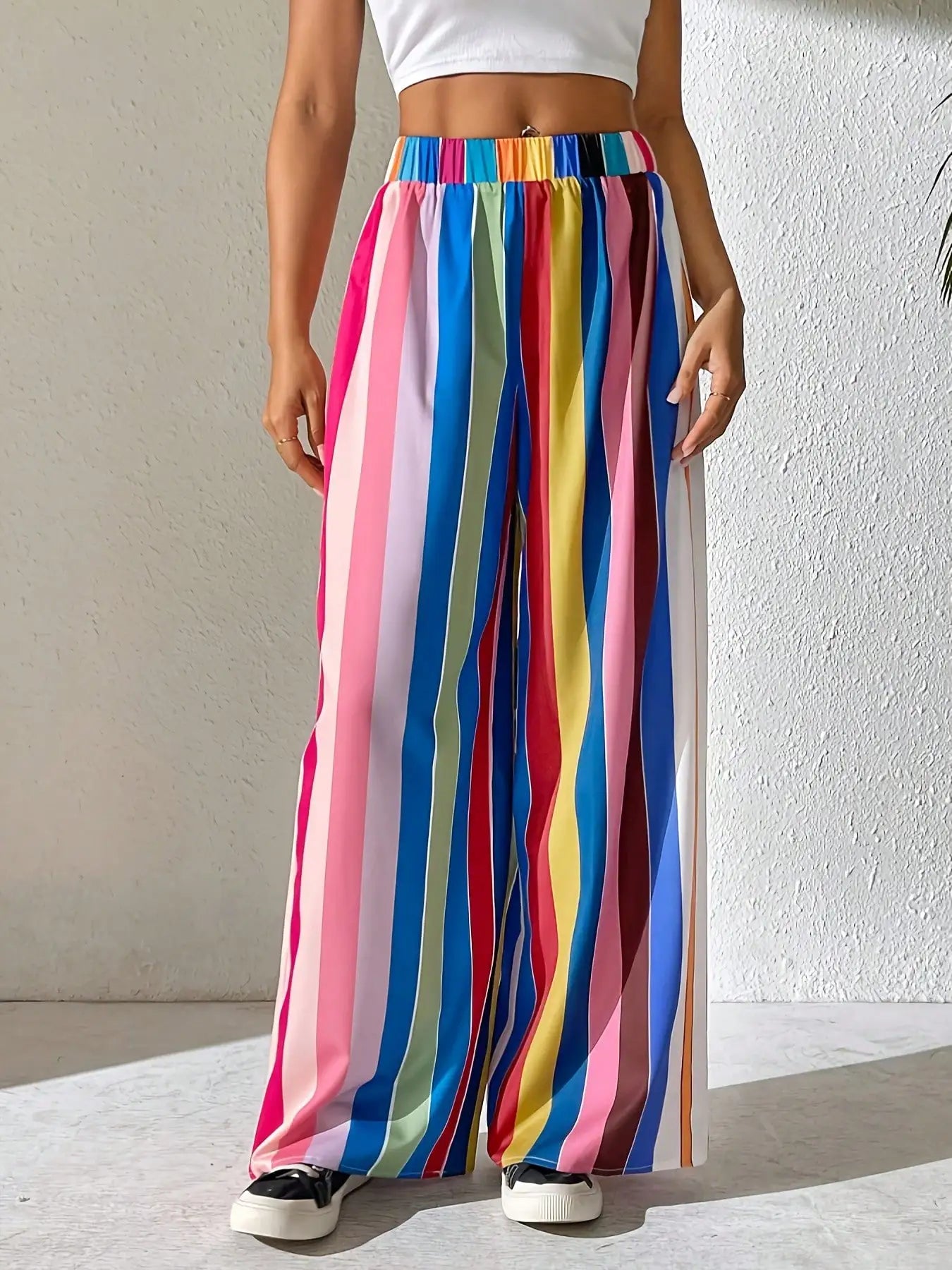 Popular Casual Women's Wear, Plus Size Elastic Waist Color Striped Pants, Loose and Comfortable Wide-Leg Pants, Long Style