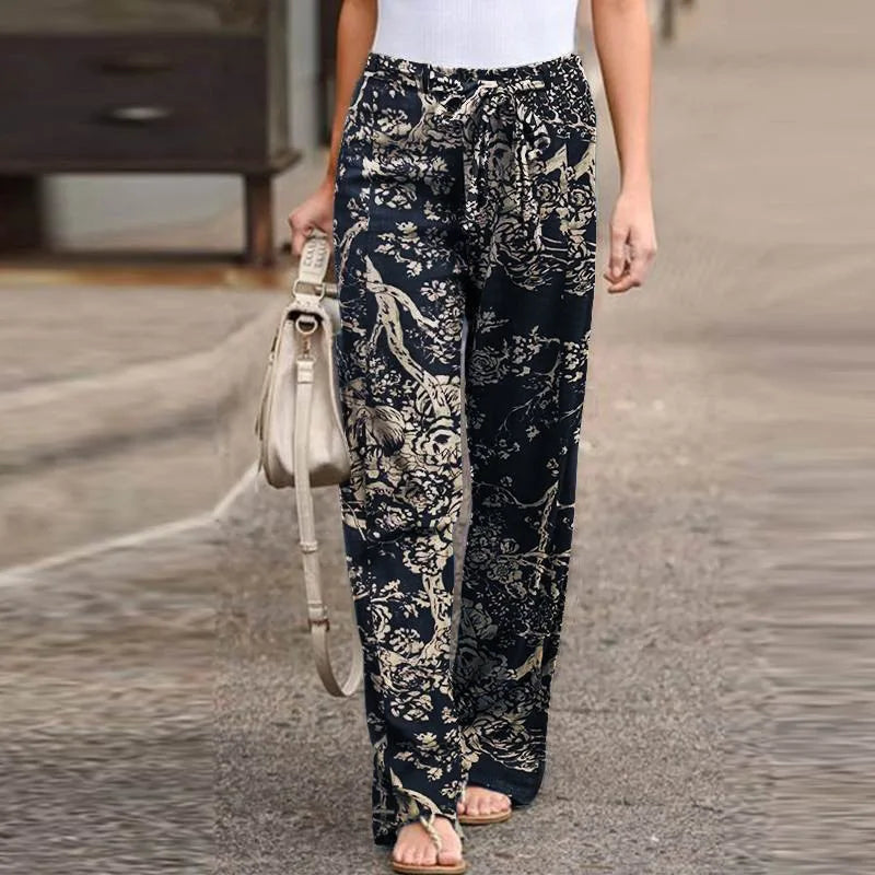 Casual Flower Print Cotton Linen Straight Leg Pants Women Fashion Lace Up Elastic Waist Home Trousers Female Plus Size Pants