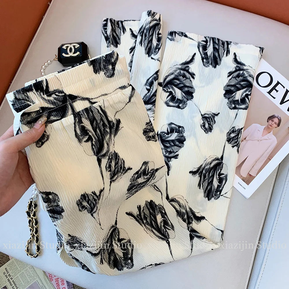 New Spring and Summer Black and White Classic Color Chinese Romantic Small Floral Print Women's Plus Size Wide-leg Trousers