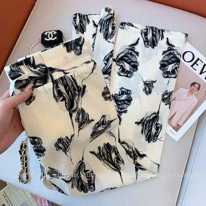New Spring and Summer Black and White Classic Color Chinese Romantic Small Floral Print Women's Plus Size Wide-leg Trousers