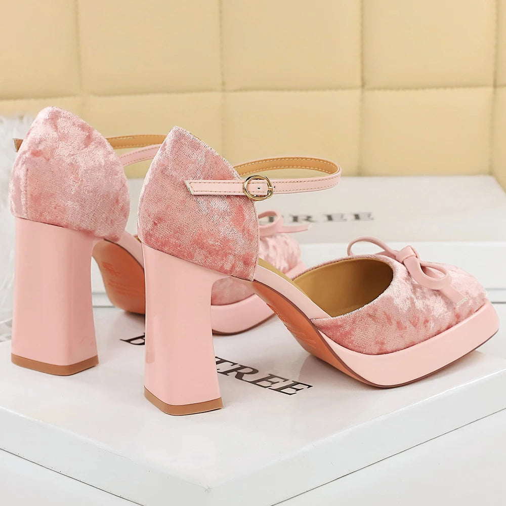 BIGTREE Shoes Suede Women Pumps Thick Heeled Shoes With High Heels Bowknot Platform Heels 9 CM Buckle High-heeled Sandals Summer