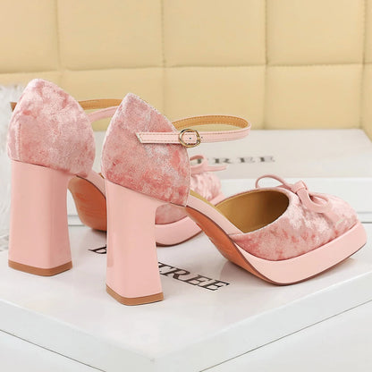 BIGTREE Shoes Suede Women Pumps Thick Heeled Shoes With High Heels Bowknot Platform Heels 9 CM Buckle High-heeled Sandals Summer