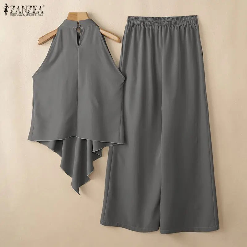 ZANZEA Women Street Fashoin Matching Pant Sets Summer Asymmetrical Hem Sleeveless Tops & Wide Leg Pants 2 Pieces Suits Outfits