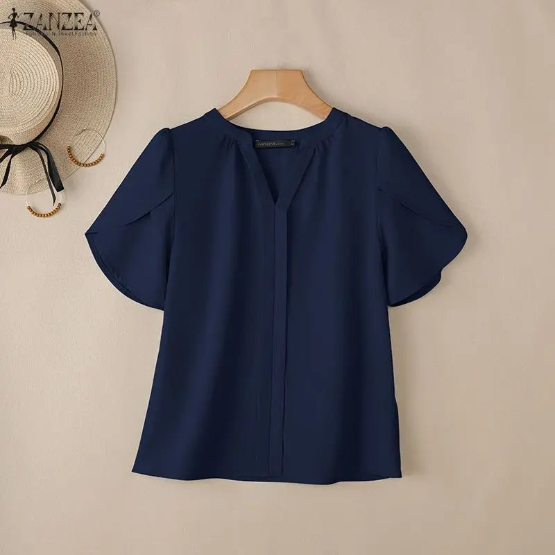 ZANZEA Women Blouse Summer Short Short Sleeve Tunic Top Pleated Elegant OL Casual Work V-Neck Solid Blusas Tunic Streetwear
