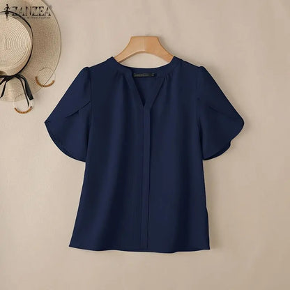 ZANZEA Women Blouse Summer Short Short Sleeve Tunic Top Pleated Elegant OL Casual Work V-Neck Solid Blusas Tunic Streetwear