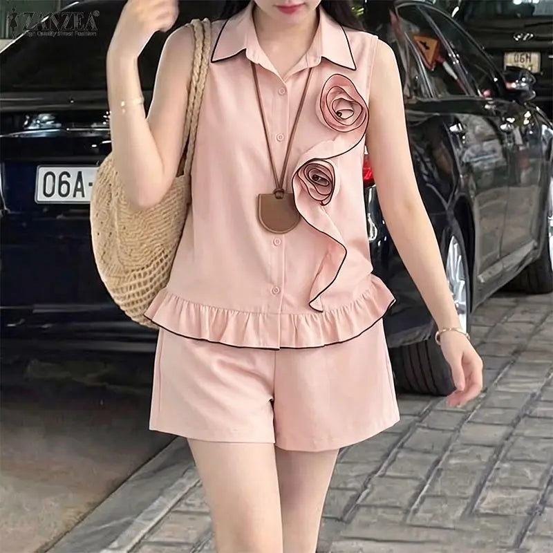 ZANZEA Women Summer 2-Piece Short Sets Fabric Flower Sleeveless Shirts & Elastic Waist Shorts Matching Sets Casual Daily Co-ords