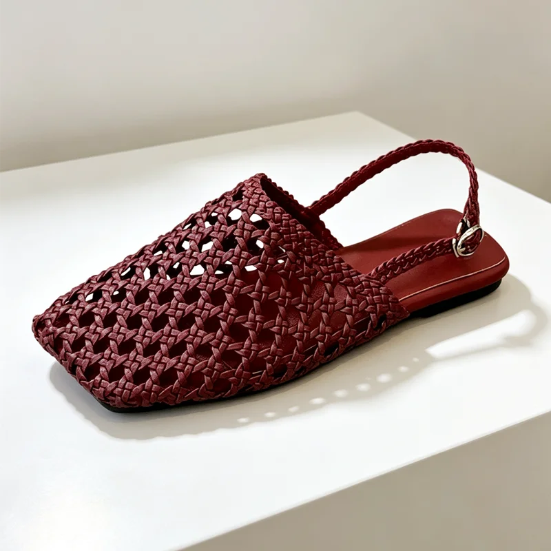 High Quality Hollow Woven Flat Sandals Women Square Toe Back Strap Detail Lolita Style Shoes Summer Comfortable Women's Shoes