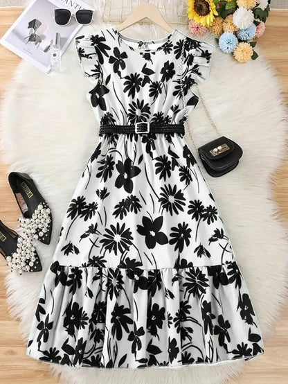 Chic Teenage Girl Green Floral Long Skirt with Belt - Casual Round Neck Ruffle Sleeves, Perfect for Summer, Teenage Jumpsuit