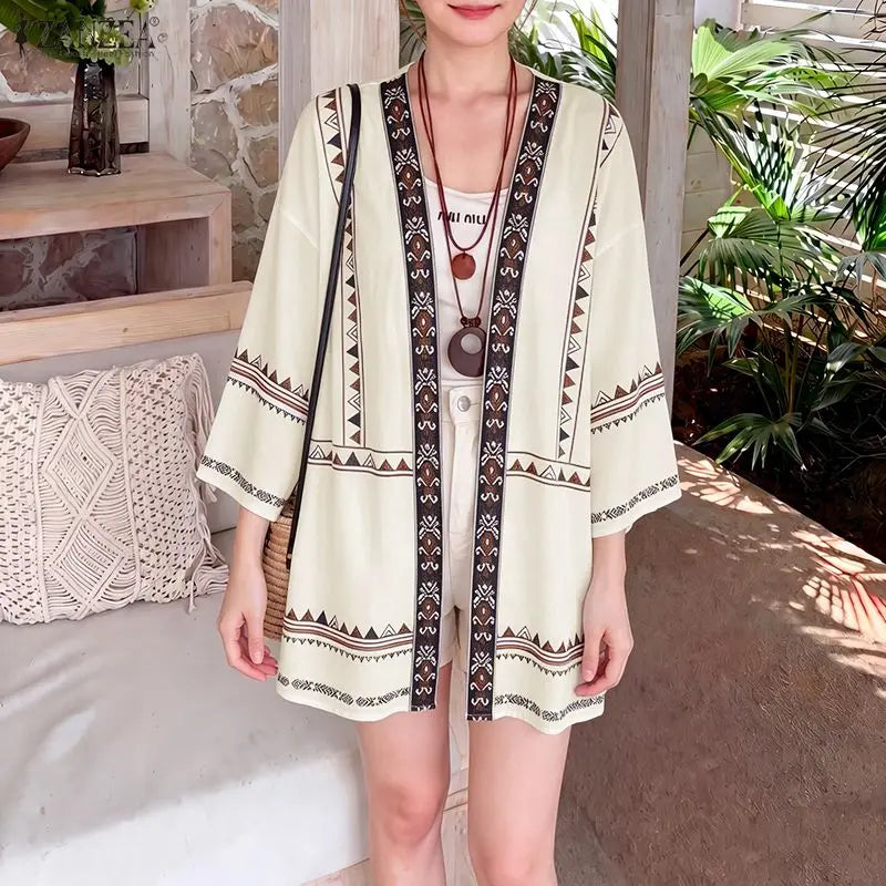ZANZEA Women's Casual Ethnic Print Kimonos 3/4 Sleeves Open Front Long Cardigans Summer Bohemian Vacation Sunscreen Cover-Up