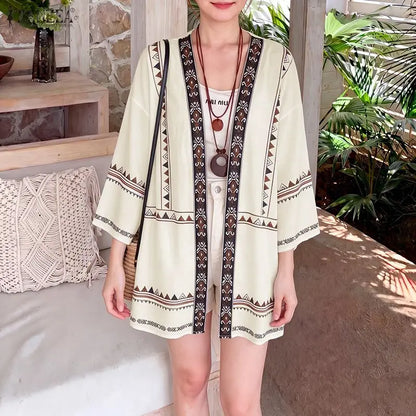 ZANZEA Women's Casual Ethnic Print Kimonos 3/4 Sleeves Open Front Long Cardigans Summer Bohemian Vacation Sunscreen Cover-Up