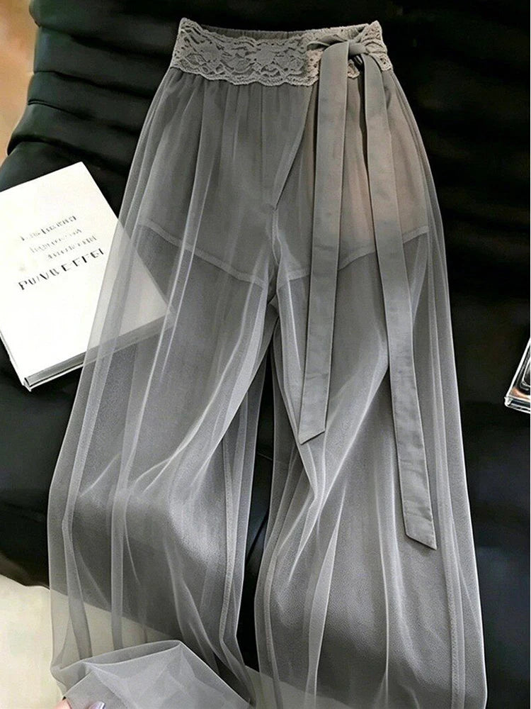 Sexy See Through Mesh Pants Women High Waist Lace Patchwork Bow Sweet Trousers Summer Fashion Female Elegant Loose Wide Leg Pant