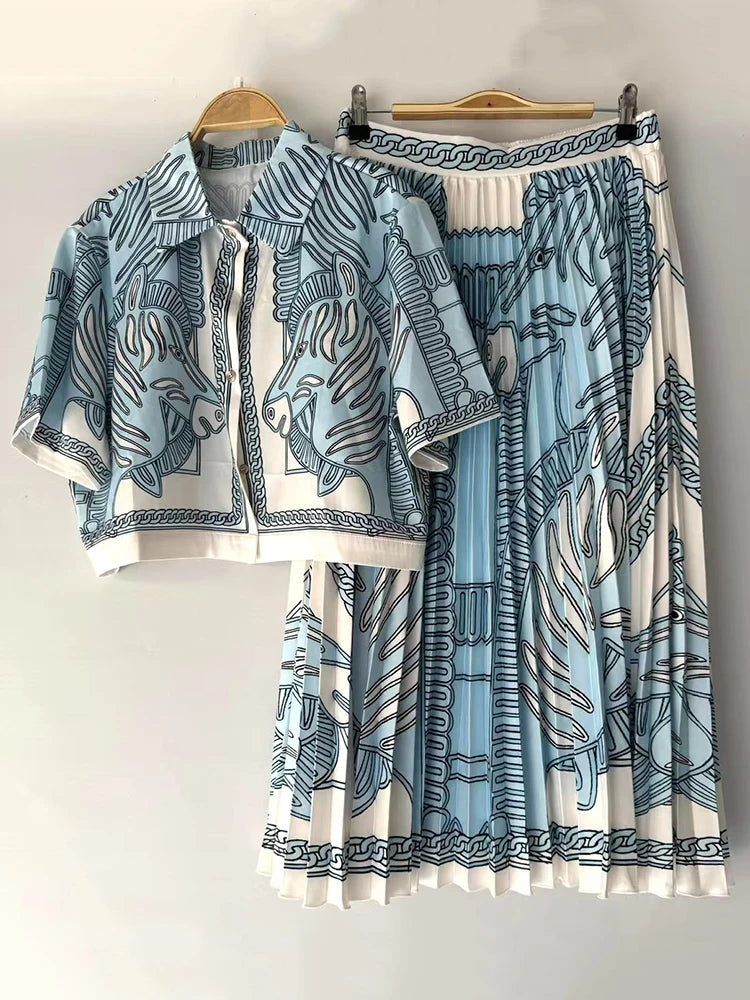 Retro geometric print lapel short shirt two-piece set 2026 summer women's clothing + loose large size pleated skirt fashion suit