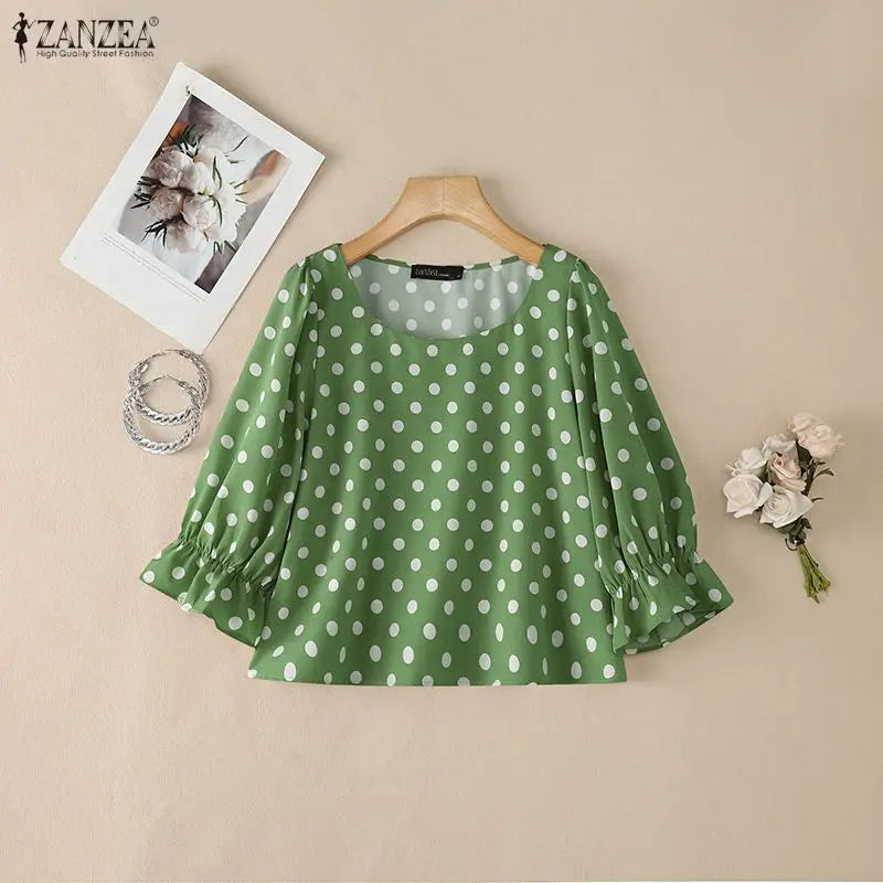 ZANZEA Women's Polka Dot Blouses Elegant Square Neck 3/4 Puff Sleeve Elastic Cuffs Pullover Tops Daily Casual Blusas de Mujer