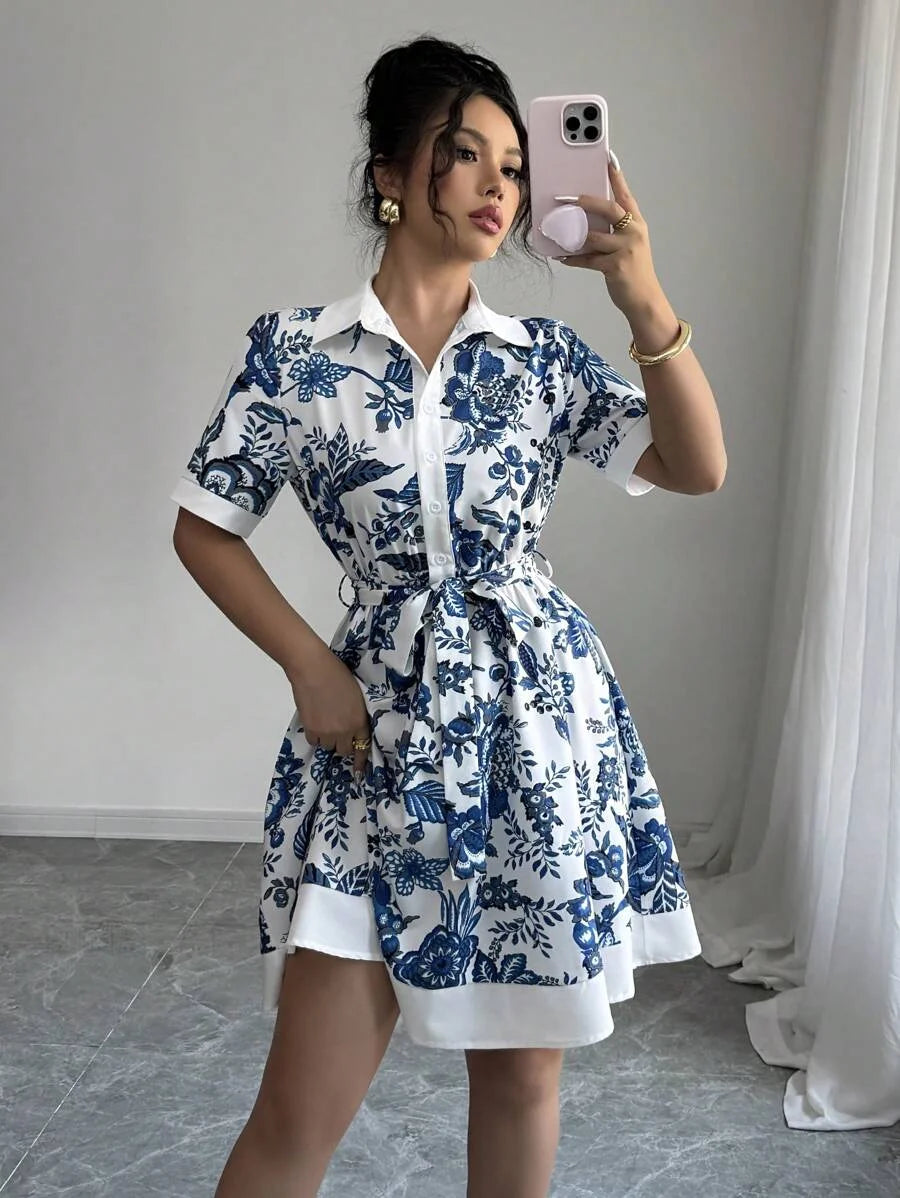Dresses for Women New Summer Short Sleeve Turn Down Collar Women Dress Lace-up Print Dress Women Vestidos De Verano Mujer Q4136