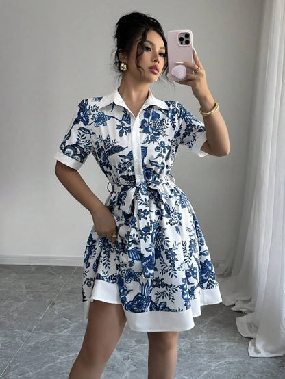 Dresses for Women New Summer Short Sleeve Turn Down Collar Women Dress Lace-up Print Dress Women Vestidos De Verano Mujer Q4136