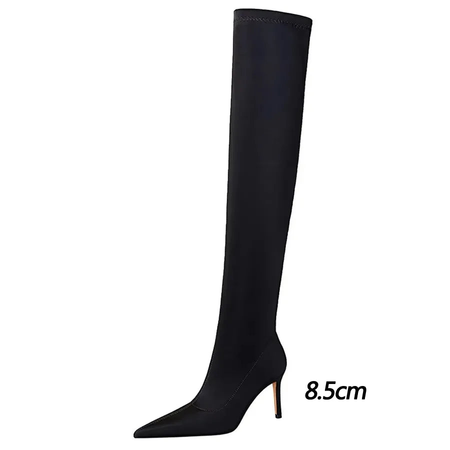 BIGTREE Shoes Women New Over-the-Knee Boots Pointed High-heeled Boots Satin Elastic Boots Sexy Loog Boots Autumn Winter Shoes