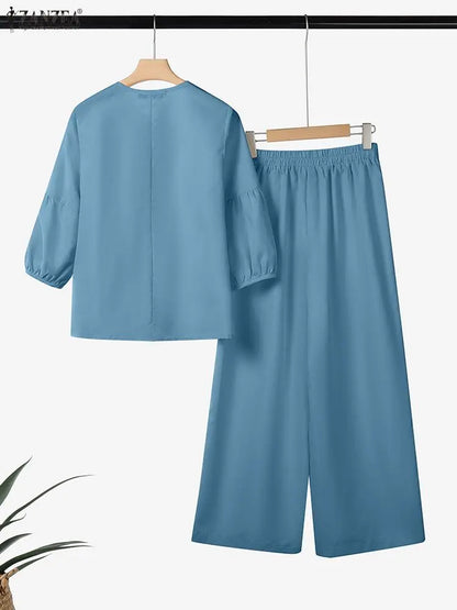 2026 ZANZEA Spring Pant Sets Women 2PCS Outfits O Neck 3/4 Sleeve Blouse Trousers Casual Solid OL Work Tracksuit 2 Pieces Sets
