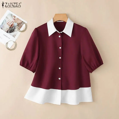 ZANZEA Woman Color-Block Shirts Elegant Lapel Puff Sleeves Button Up Peplum Blouses Summer Casual Daily Wear Chemises Femme 3XL