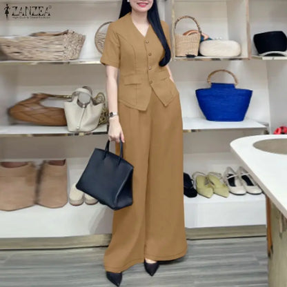 2026 ZANZEA Women Summer V Neck Short Sleeve Blouse Pant Sets Solid OL Work Outfits 2 Pieces Sets Fashion Wide Leg Trousers Suit