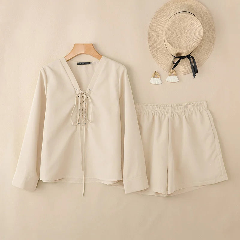 ZANZEA Fashion Women Outfits Holiday 2 Pieces Sets Casual V Neck Long Sleeve Lace-Up Tops Short Sets Solid Color Loose Tracksuit