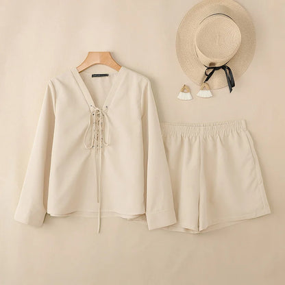 ZANZEA Fashion Women Outfits Holiday 2 Pieces Sets Casual V Neck Long Sleeve Lace-Up Tops Short Sets Solid Color Loose Tracksuit