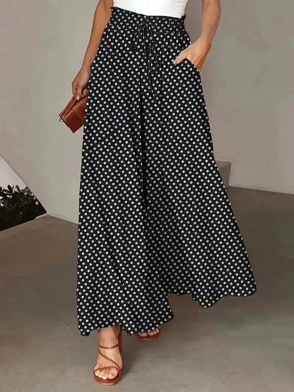 2025 Spring/Summer Bohemian Wide-Leg Pants with Elastic Waist and Polka Dot Print Long Skirt Pants for Women