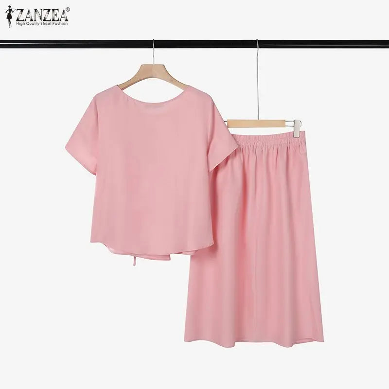 ZANZEA 2026Summer Outfits Elegant Women 2 Piece Sets O Neck Short Sleeve Blouse Dress Sets Solid A Line OL Work Midi Skirt Suit