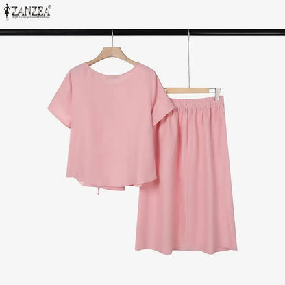 ZANZEA 2026Summer Outfits Elegant Women 2 Piece Sets O Neck Short Sleeve Blouse Dress Sets Solid A Line OL Work Midi Skirt Suit